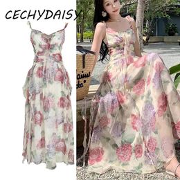 Casual Dresses Spaghetti Strap Summer Dress Sexy V-Neck Sleeveless High Street Floral Printed Ruffles Designer Clothes Boho Robe