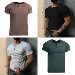 Thread Coarse 230g Cotton Henley Shirt T-shirt Solid Colour Men's Summer Short Sleeve Fiess