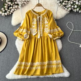 Casual Dresses Bohemian Dress For Women V Neck Lantern Sleeve Embroidered A-line Vestidos Mujer Ethnic Style Beach Summer Drop