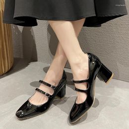 Dress Shoes Fashion Rimocy Thick High Heels Mary Jane For Women Spring Double Buckle Strap Pumps Black Patent Leather