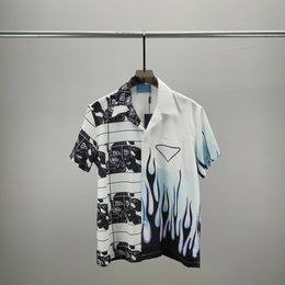 Summer Short-sleeved Shirt for Men Retro Flame Stitching Pattern Design Hawaiian Beach Shirts PajamaCollar Silk shirt 240420