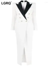 Women's Suits LGQR Contrast Color Collar Blazer Double Beeasted Long Vent Overknee Dress Style Suit Jackets Spring 2024 7AB2285