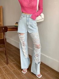 Women's Jeans Fashion Sexy Hollow Out Holes Light Blue Summer Vintage Ripped Loose Straight Denim Pants 2024 Pocket Trouser Girls