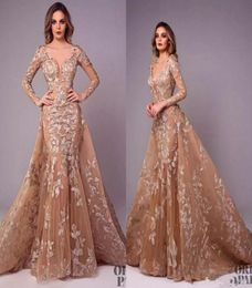 Tony Chaaya Champagne Evening Dresses With Detachable Skirt V Neck Sweep Train Long Sleeve Prom Dress Lace Applique Illusion Forma1233995