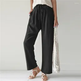 Women's Pants DIHOPE Spring Summer Women Cotton And Linen Loose Casual Straight-leg With Elastic Waist In A Solid Color