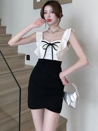 Casual Dresses Summer Black Patchwork White Bow Square Collar Mini Dress Women Sexy Ruffled Sling Short 2024 Elegant Bodycon Party