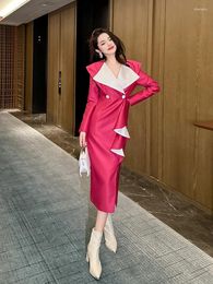 Casual Dresses 2024 Autumn Elegant Women Dress Suit Long Blazer Female Rose Red Patchwork Color Formal Office Lady Jacket Wedding Prom