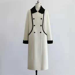 Casual Dresses 2024 Winter Small Fragrant Wind White Moonlight Contrast Colour Double Breasted Woollen Medium Length Coat