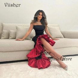 Party Dresses Black Red Mermaid Evening Ruched Satin Prom Dress With Slit Strapless Arabian Dubai Formal Occasion Gown Lace Up Back