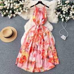 Casual Dresses Boho Style Floral Printed Maxi Dress For Women Fashion Summer Spaghetti Strap Sleeveless Sash Lace Up A Line Beach Long