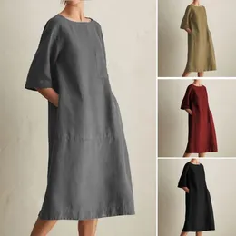 Casual Dresses Vintage Summer Cotton Linen Dress Solid Color O Neck Half Sleeve Pocket Loose Women Beachwear