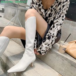 Boots Pointed Toe Irregular Stretch Fabric Knee High Side Zipperr Sewing Thin Heels Cow Leather Block Brown Street Style