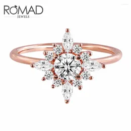 With Side Stones ROMAD CZ Stone Ring Jewelry Femme Rose Gold Color Crystal Flower Wedding Rings For Women Bridal Female Party Anillos Mujer