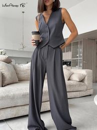 Women's Two Piece Pants Pleated Elegant Women Gray 2-Piece Suits V-Neck Tops Office Ladies Baggy Summer 2024 Business Outfits