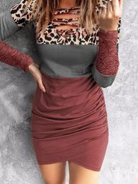 Casual Dresses Color Block Leopard Lace Criss-Cross Wrap Bodycon Dress 2024 Fashion Elegant Outfits Ladies Birthday Party Club Sundress