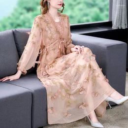 Casual Dresses Spring Fall Women Lace Patchwork High Waisted Embroidery Butterfly Full Sleeve Dress Woman Clothing Lantern