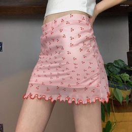 Skirts Casual Sweet Cherries Printed Mesh Skirt Sexy Slim Mid-Waisted Mini Women 2024 Summer Fashion Streetwear Ladies