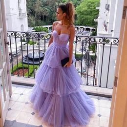Party Dresses ANGELSBRIDEP Lavender A Line Tulle Prom Tiered Skirt Evening Gowns Spaghetti Straps Bow Sash Women Formal Dress