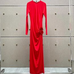 Casual Dresses 2024 Sexy Red Pink O Neck Long Sleeve Handmade Flowers Ankle-Length Midi Dress For Women