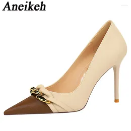 Dress Shoes Aneikeh 2024 Elegant Cotton Fabric Mixed Colors High Heels Women's Pointed Thin Metal Decoration Single Shoe Office&Career