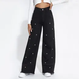 Women's Jeans Pearl Wide Leg Mid Waist Cropped Denim Pants Summer Thin Vintage Straight With Pockets Sweatpants For Women 2024