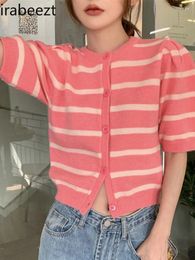 Women's Knits Striped Knitwear Summer Shoulder Slimming Short-sleeved T-shirt Woman Loose Short Puffed Sleeve Cardigan Blouse