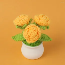 Decorative Flowers Knitted Rose Flower High-quality Realistic Potted Plant Decor For Home Handmade Crochet Floral