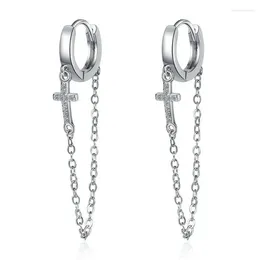 Hoop Earrings Real 925 Sterling Silver Fashion Punk Cross Chain Shiny CZ Earring For Women Wedding Birthday Jewellery DA2681