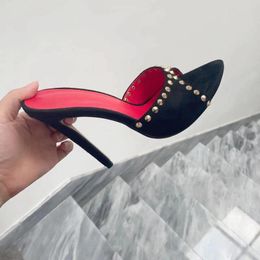 Slippers Rivet High Heels Women's Handmade 12Cm Stiletto Sandals Pointed Peep Toe Fashion Dress Half Shoes Big Size