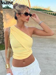 Women's Tanks Camis Nsauye New Fashion Female Vest Tops Sexy Club One Shoulder Women Mini Slim Y2K Crop Tops 2024 Party Yellow Casual Tank Tops Y240420