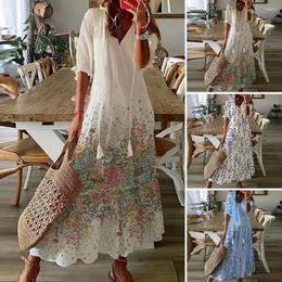 Casual Dresses Women Loose Fit Dress Floral Print A-line Maxi With Tassel Detailing V Neckline For Vacation Beach Style