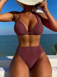 2024 Sexy Bikini Brown Halter Brazilian Swimsuit Female Pleated Set Black Push Up Swimwear Beach Wear Bathing Suit 240418