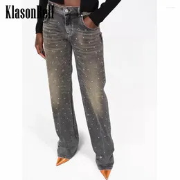 Women's Jeans 4.7 KlasonBell Fashion Diamonds Rivet Hollow Out Decoration Straight Fit Women Mid Waist Washed Distressed Denim Pants