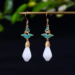 Dangle Earrings Ancient Gold Craft Enamel Classical Natural Hetian White Jade For Women Cloisonne Tassel Chi-pao Earings Jewelry