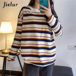 Women's T Shirts Loose Spell Color Striped T-shirt Women O Neck Chic Green Tops Pink Korean Style Spring Long Sleeve Basic M-XL