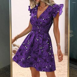 Casual Dresses Summer Beach Dress Floral Print V Neck Mini With Ruffle Sleeves For Women High Waist A-line Dating Party