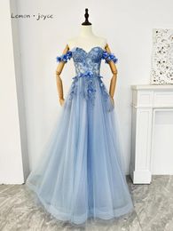 Party Dresses Lemon Joyce Blue Evening Flower Tube Top Stuck Shoulder Tulle Prom For Saudi Arabia Women