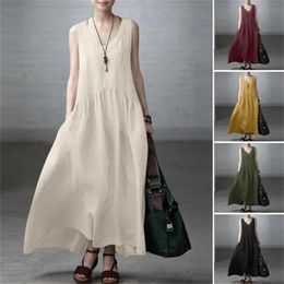 23 Summer Womens Clothes Long Dress Loose Pleated Fashion Sleeveless Solid Colour Vest Cotton And Linen