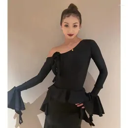 Stage Wear Latin Dance Tops Black Flower Oblique Shoulder Long Sleeves Blouse Women Ballroom Practise Clothing Rumba Cha BL12227