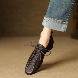 Casual Shoes Spring/Autumn Women Loafers Genuine Leather For Square Toe Chunky Heel Pumps Lace-up Low