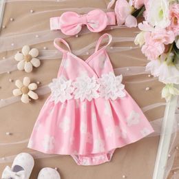 Rompers 3D Floral Cute Baby Girls Romper Dress Summer Backless Sleeveless Kids Clothes Casual Print Bodysuits With Headband