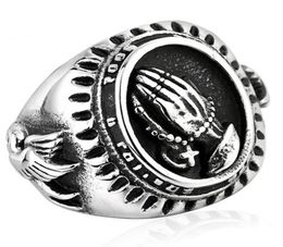 Men Fashion Vintage 316L Stainless Steel Blessed Virgin Mary Pray Hand Religious Ring Lucky Power The Praying Hands Rings Silver 6268364