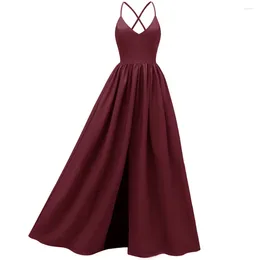 Casual Dresses Sexy Pure V Neck Spaghetti Strap A Line Long Dress For Women Elegant Backless Clubwear Wedding Christmas Party Night Robe