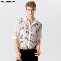 Men's Casual Shirts INCERUN Tops 2024 American Style Stylish Hollowed Floral Printed Design Blouse Leisure Clubwear Short Sleeved S-5XL