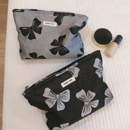 Storage Bags Large Capacity Lipstick Cosmetics Washing Travel Toiletry Black Grey Bow Jacquard Flower Women's Makeup Bag