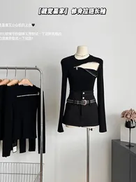 Women's T Shirts Korean Fashion Casual Black T-Shirts Fuff Sleeve E-girl Tees Slim O-Neck Crop Top 2000s Aesthetic Streetwear Zipper High