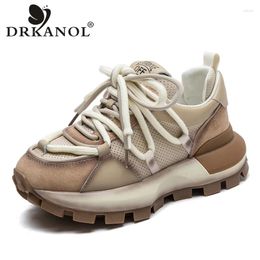 Casual Shoes DRKANOL Chunky Platform Sneakers Women Lace-Up Mixed Colours Genuine Leather Comfort Thick Bottom Ladies Daddy