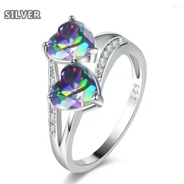 Cluster Rings Fashion Women Jewellery Double Heart Dazzling Multicolor CZ Rhinestone 925 Silver Colourful Water Droplets Ring Engagement