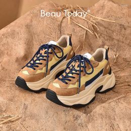 Casual Shoes BeauToday Chunky Sneakers Women Pig Suede Platform Round Toe Mixed Colours Lace-Up Ladies Trainers Handmade B29430