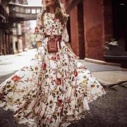 Casual Dresses Floral Dress Vintage Print A-line Maxi With French Style Three Quarter Sleeves Women's High Waist Pleated O Neck
